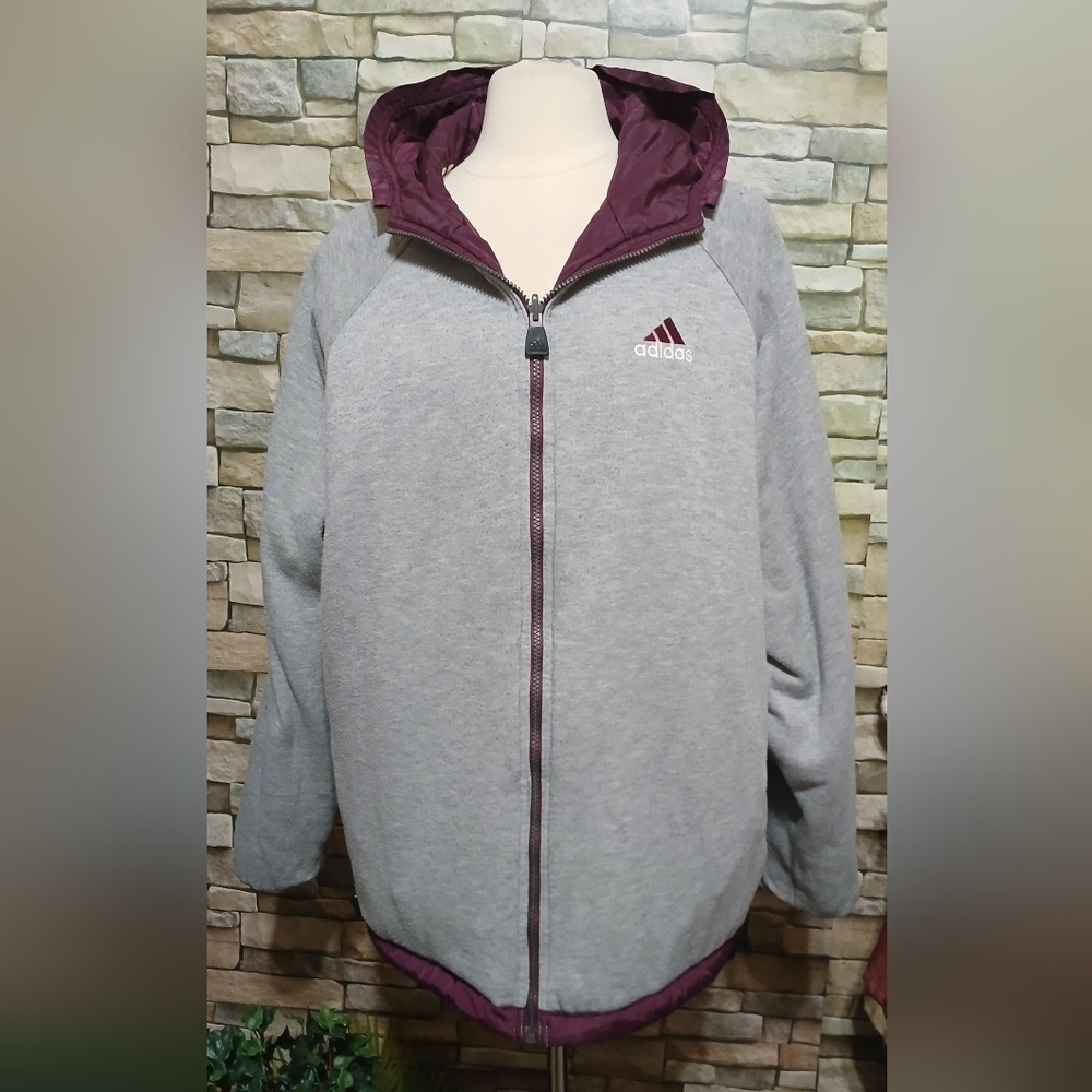 Vintage Y2K Adidas Reversible Jacket Men’s L Hooded Burgundy Maroon 3 Stripe - Picture 4 of 7